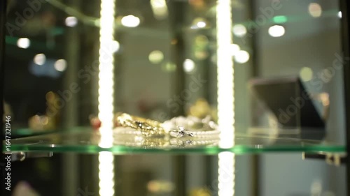 A glass display case illuminated by vertical lights showcasing gold and silver jewelry on a shelf.