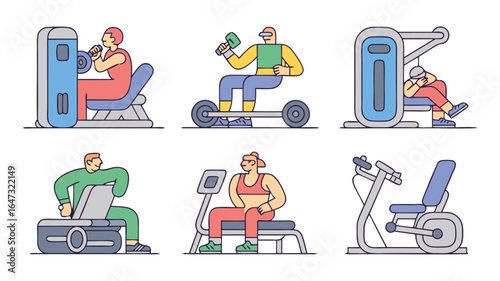 Colorful Gym Illustration People Exercising on Machines, Weightlifting, and Cardio Equipment for Fitness and Health