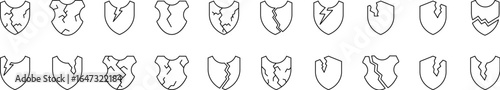 Broken Shield Line Icon Pack. Minimalistic Linear Pictogram for Web and Graphic Design, Apps, Banners, Social Network and Cards
