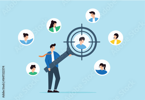 Businessman focus with magnifying glass on customer, user, or people