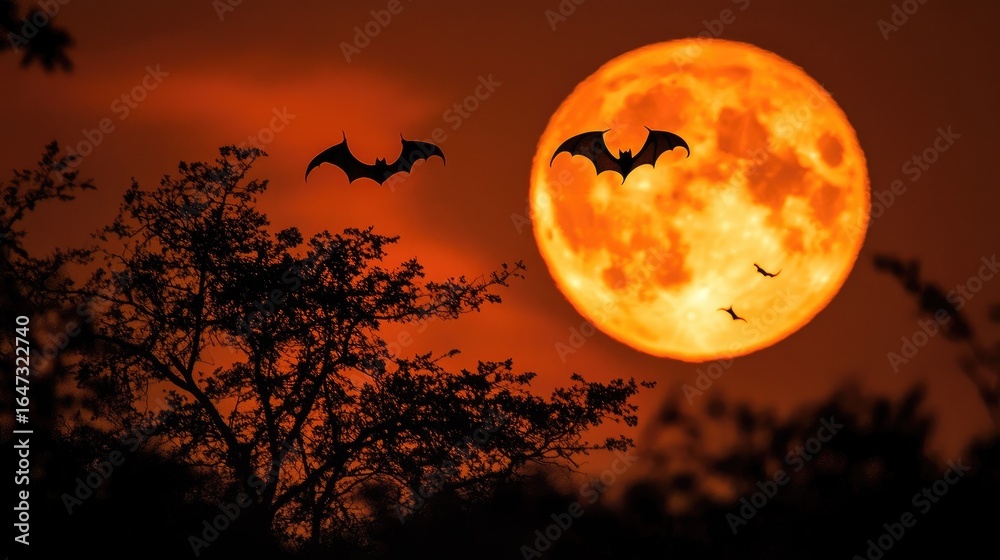 Silhouette of bats flying against a huge full moon, eerie orange glow in the sky, and dark shadows of trees Silhouette of bats flying against a huge full moon, eerie orange glow in the sky, and dark shadows of trees