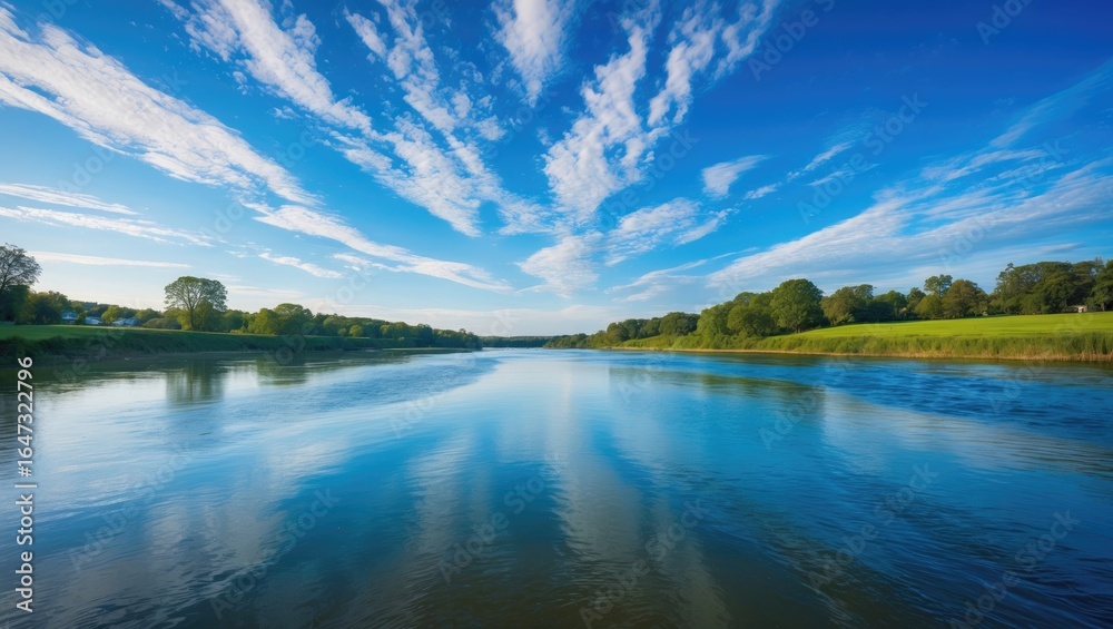 Obraz premium Serenity of the river landscape with lush green banks and a vibrant blue sky. Nature and water scene, peaceful and picturesque environment.