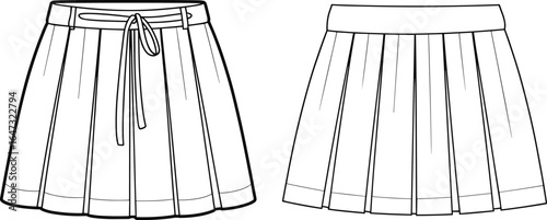 Pleated mini skirt with waistband and front drawstring tie, wide hem detail, back plain pleats, casual women’s fashion flat technical CAD drawing vector illustration