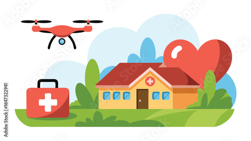 Drone Delivering First Aid Kit to Hospital with Heart Illustration in Cartoon Style