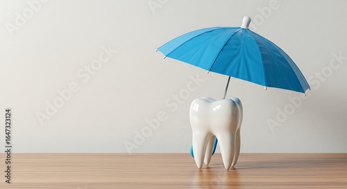 Conceptual dental health image of a tooth protected by a blue umbrella on wood