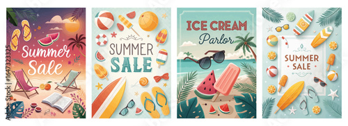 Colorful summer sale graphics featuring beach themes, vibrant colors, and playful elements.