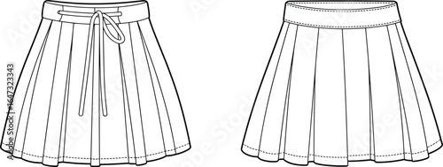 Pleated mini skirt with waistband and drawstring tie front, flared hem, back plain design, casual women’s fashion flat technical CAD drawing vector illustration