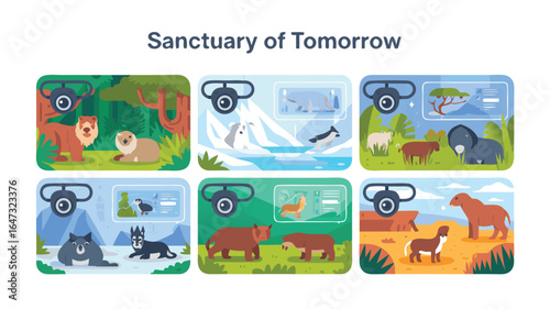 Illustrated Animal Sanctuary Habitats with Lions, Wolves, Elephants, and More Monitored by Security Cameras