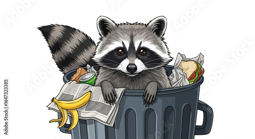 charming raccoon in a trash can perfect for waste management recycling or funny animal illustrations for websites blogs and social media