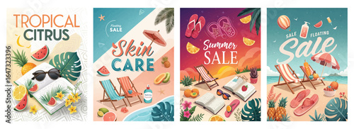 Colorful tropical sale posters featuring sunny beach themes and vibrant summer elements.