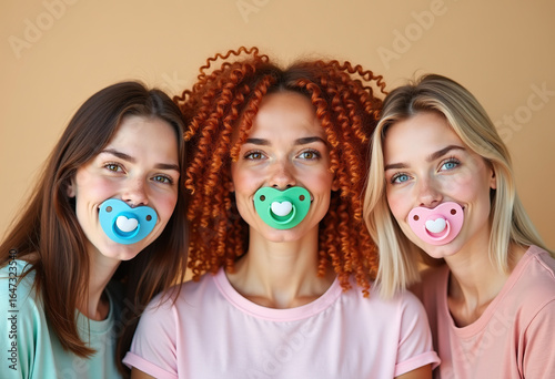 Mental Health banner. Women with baby Pacifier in their mouths. 2025 chinese trend for Mental Health therapy. Adult Pacifier. 