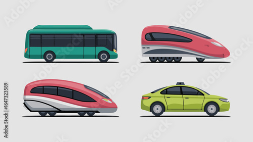 Illustrated Green Bus, Two Red Trains, and Light Green Taxi on White Background