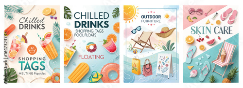 Colorful summer-themed illustrations featuring chilled drinks, outdoor furniture, and skincare essentials.