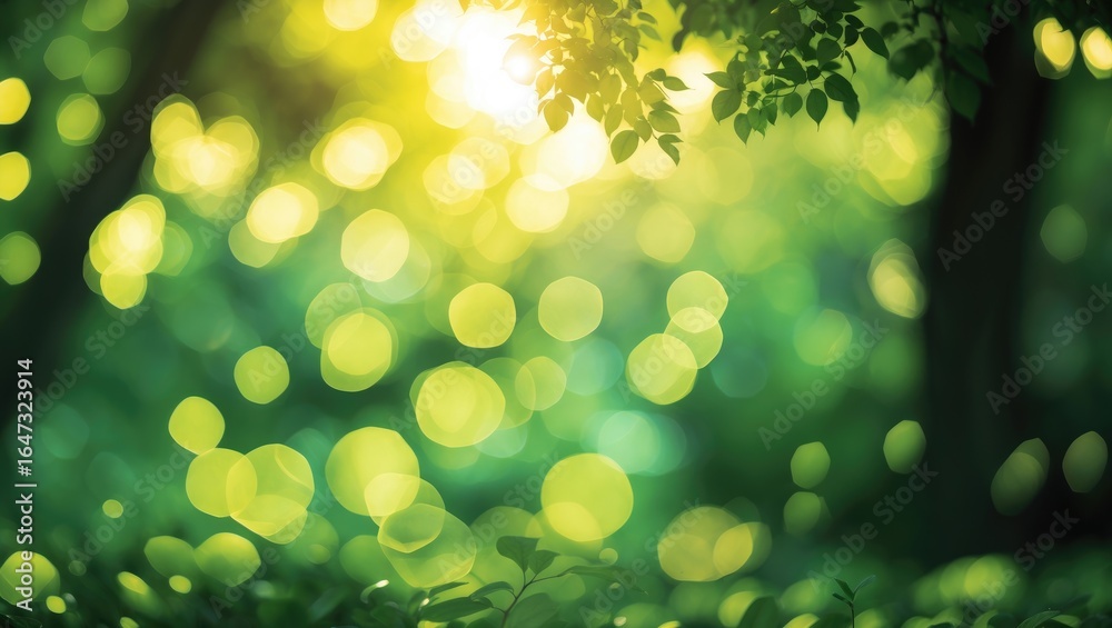 Fototapeta premium A lush green forest scene with sunlight filtering through the leaves and creating a bokeh effect. Nature, sunlight, and greenery captured in a vibrant and serene setting.