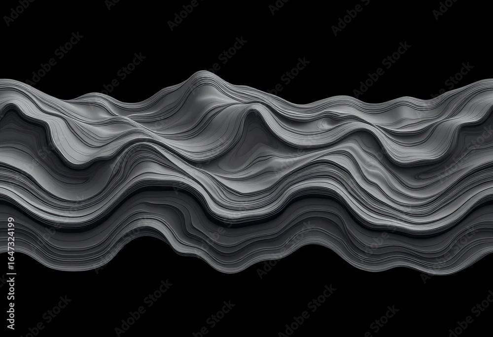 Abstract seamless vector topographic map pattern with smooth grey waves on dark background,  terrain,  dark background
