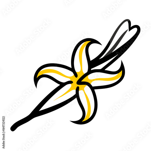 Yellow-striped vanilla bean, stylized flower design.
