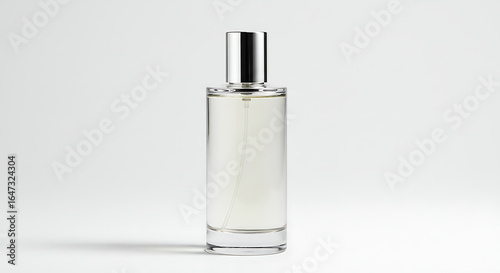 Elegant Cylindrical Perfume Bottle with Silver Cap on a Minimalist White Background in Studio Setting for Beauty and Fragrance Advertising.