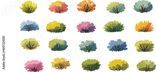 PriColorful decorative bushes, vibrant garden plants, nature foliage illustration, landscape greenery elements, ornamental shrubs collection, botanical clipart, seasonal plant set, nature designnt