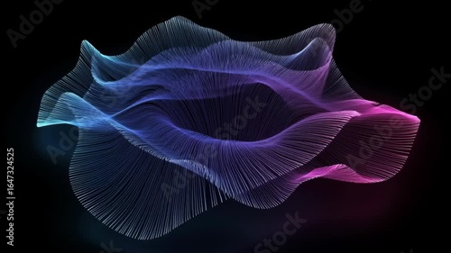 Flowing data visualization with blue, purple, and pink lines on a black background