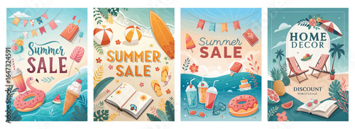 Vibrant summer sale banners showcasing fun beach items and discounts in a colorful, playful style.