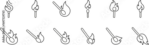 Fire Line Icon Collection. Matches Outline Signs for Graphic and Web Design, Apps, Adverts, Various Cards