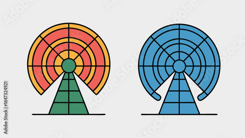 Two Cartoon Communication Towers One Colorful, One Blue Illustration on Gray Background