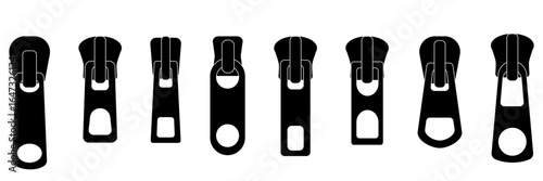 Vector zipper fastener element. Detailed sketch of zip puller lock for backpack or jacket. Metal closure clip icon in modern CAD style. Fashion accessory illustration for textile design.