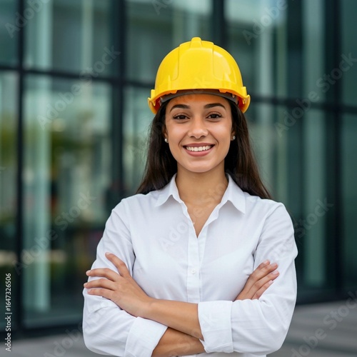 portrait of a confident female architect, Confident woman in white shirt, yellow safety helmet stands in front of modern office building. Faces camera with crossed arms, friendly smile. Construction w