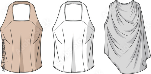 Women’s sleeveless draped top flat sketch, front and back CAD drawing, fashion vector illustration, blouse design template, clothing blueprint, apparel sewing pattern, stylish summer wear design
