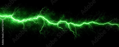 Green flashing, Intense green lightning strike across dark powerful electrical discharge background