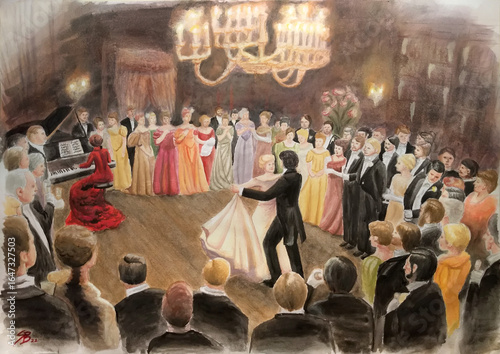 Fototapeta painting elegant ballroom waltz under glowing candlelight