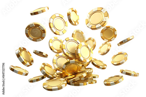 Golden casino chips falling isolated on - white background png ai generated