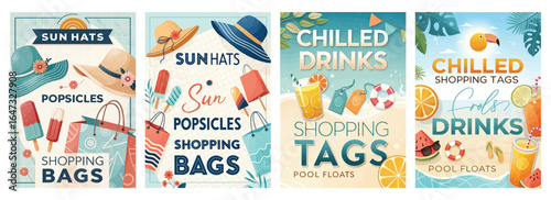 Bright summer-themed graphics featuring sun hats, popsicles, and chilled drinks perfect for seasonal promotions.