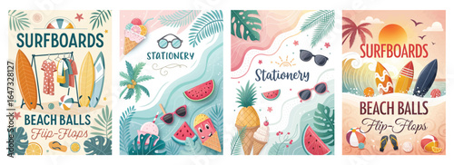 Colorful summer-themed illustrations featuring surfboards, beach balls, and stationery items in vibrant colors.