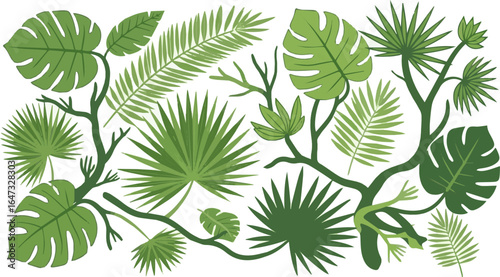 Create a kinds of deferent leaf, pattern, nature, plant, tree, leaves, seamless, green, vector, branch, illustration, foliage, fern, floral, vector art with white background.