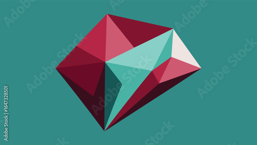 Faceted Geometric Gemstone in Burgundy Teal and White on Teal Background jewel abstract