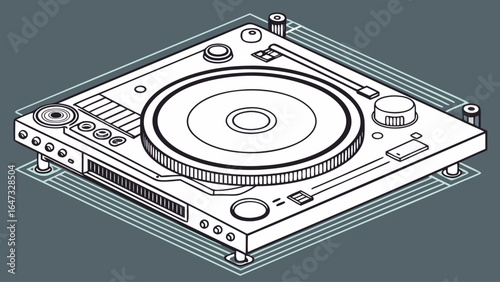 A turntable with a black and white design. The turntable is on a blue background