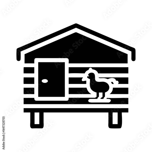 Simple black and white illustration of a chicken coop.
