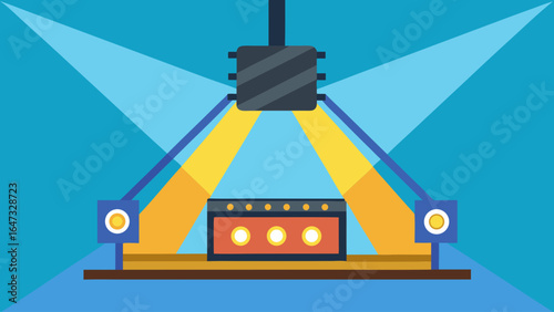 A box is suspended in mid air with a light shining on it. The box is yellow and red