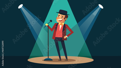 A man in a microphone stand with a smile on his face. He is singing and the light is shining on him