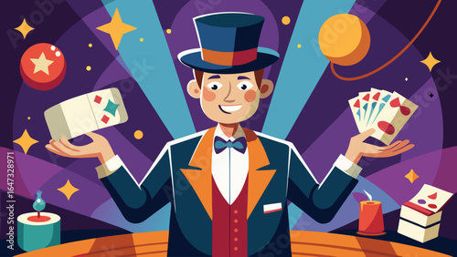 A man in a top hat and a cape holding a deck of cards. The image is of a magician performing a trick