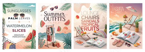 Colorful summer-themed illustrations showcasing sunglasses, outfits, and tropical fruits.