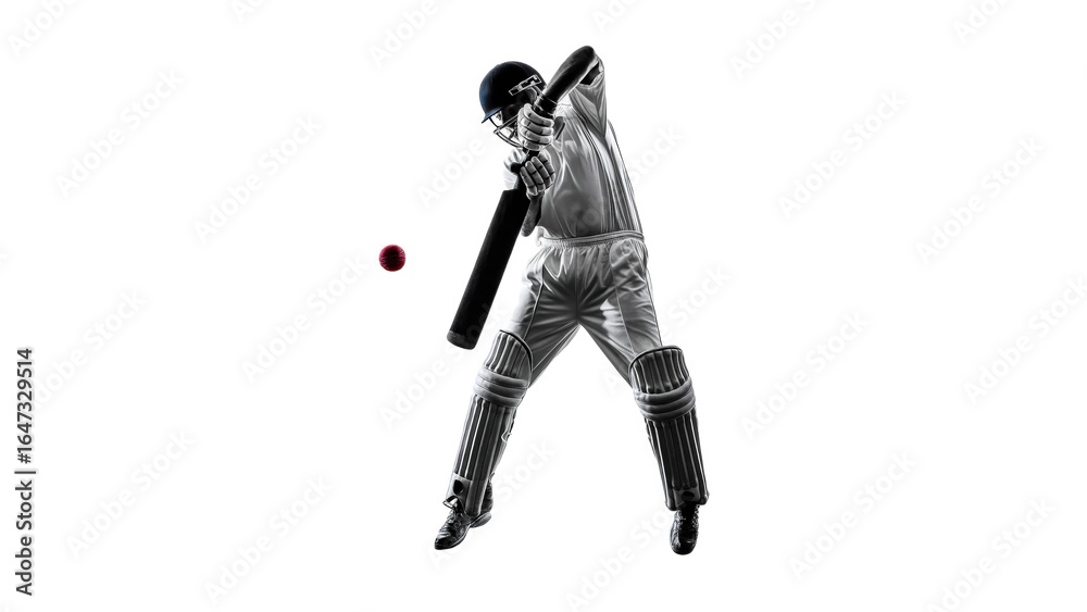 Cricketer mid-swing against white background ready for shot, embodying the idea of concentration and athleticism in sports. Cricketer mid-swing against white background ready for shot, embodying the idea of concentration and athleticism in sports.