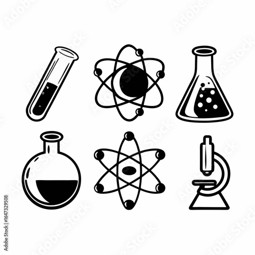 Illustration of science and chemistry elements such as flasks, molecules, atoms, and microscope, isolated on white background for research