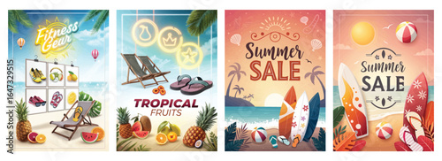 Colorful summer-themed illustrations featuring fitness gear, tropical fruits, and vibrant sales promotions.
