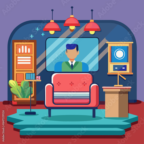 A man is sitting in a red chair in front of a television. The room is decorated with a green couch and a potted plant