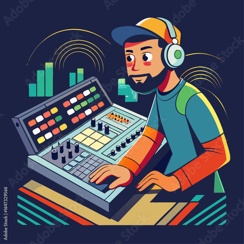 A man is playing music on a sound board. The man is wearing a hat and headphones. The image is colorful and lively