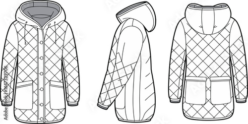 Quilted winter hooded jacket technical flat sketch, front side back view, fashion CAD drawing, vector illustration, outerwear design, garment template, clothing blueprint, sewing pattern reference