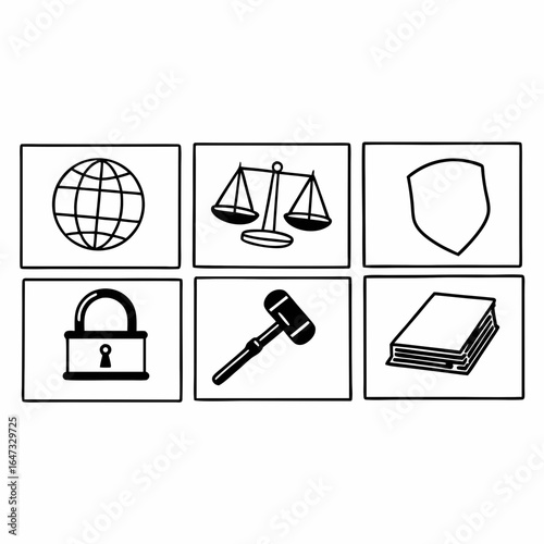 Collection of law and justice icons representing legal concepts, isolated on white background