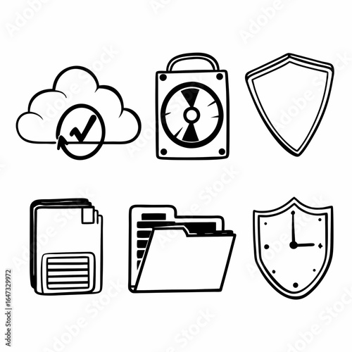 Hand drawn icons of cloud computing, data storage, security, and file management isolated on white background for graphic design and web development